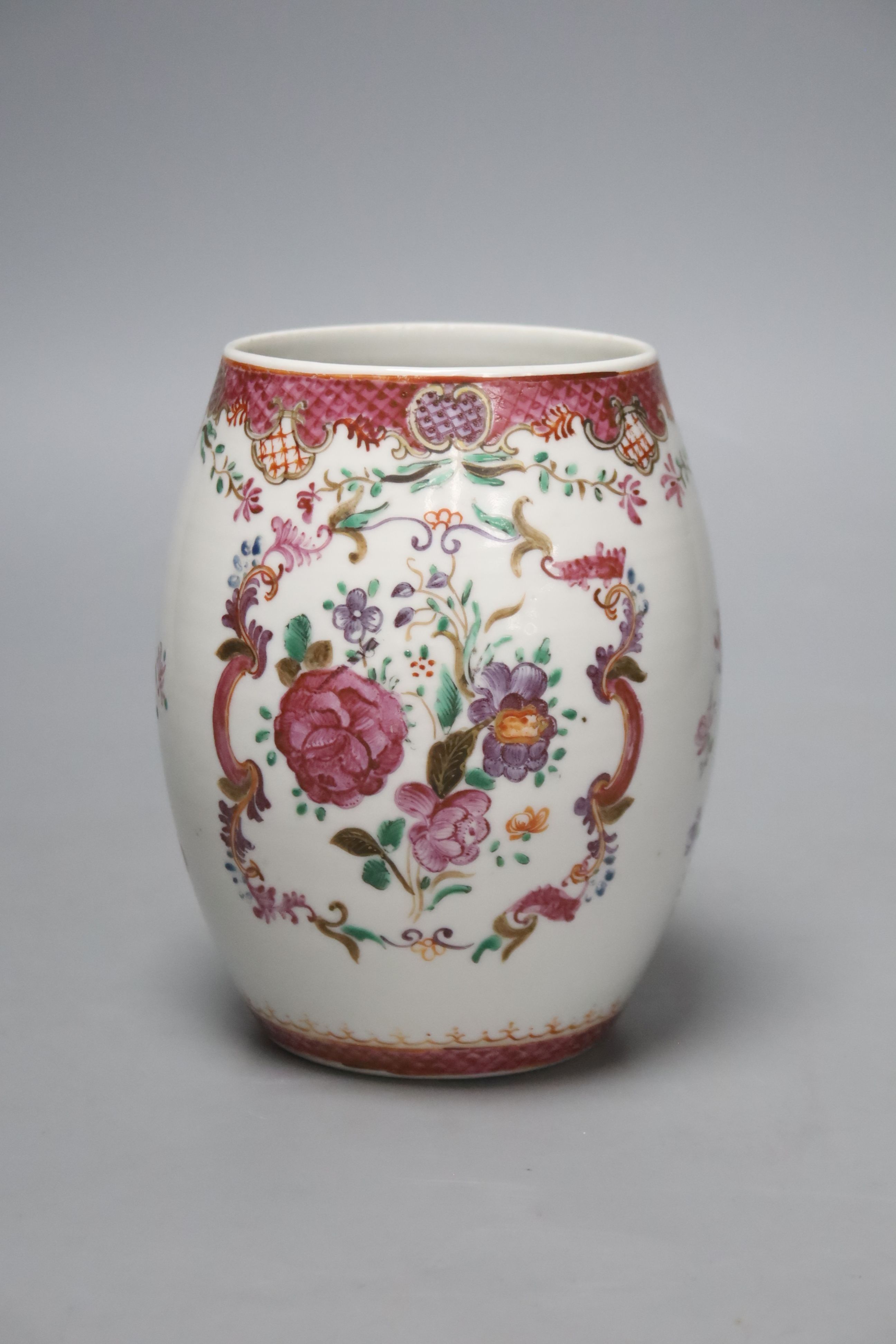 A large 18th century Chinese famille rose tankard, height 14.5cm